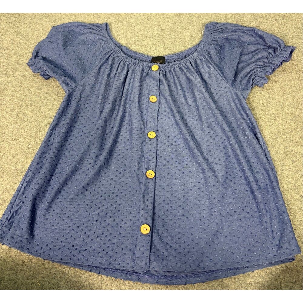 W5 Women's Blue Swiss Dot Button Front Flutter Sleeve Top Size L NWT